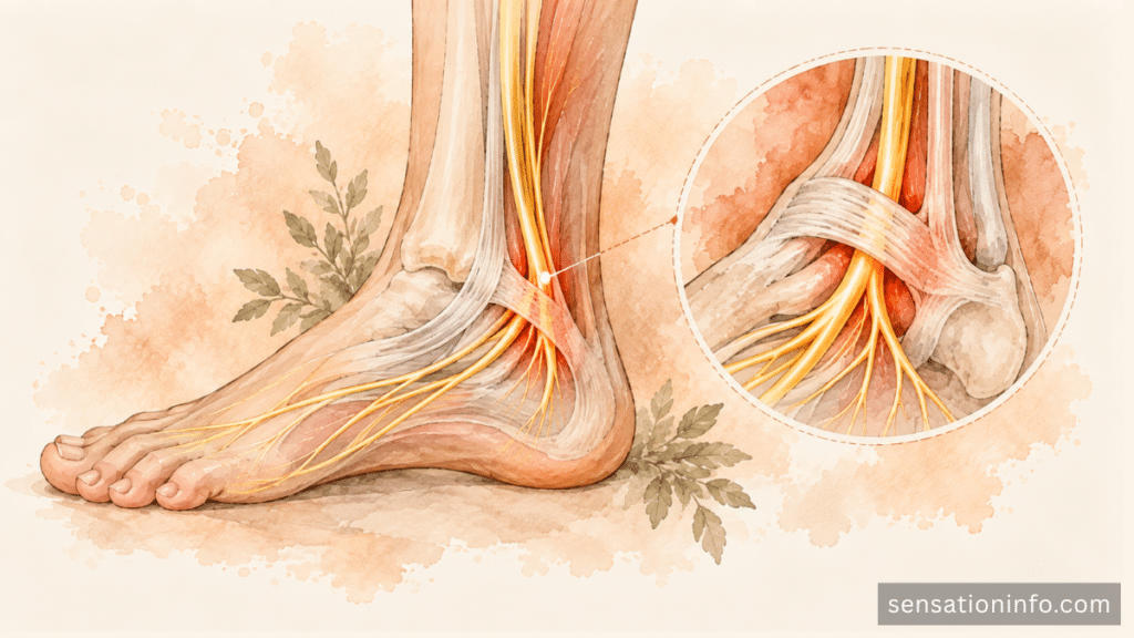 Tibial nerve pathway through the tarsal tunnel behind the inner ankle.