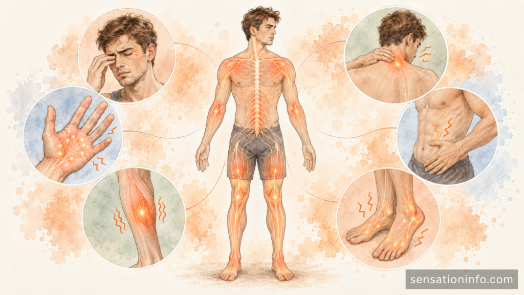 Tingling and muscle twitching patterns compared by location and urgency.