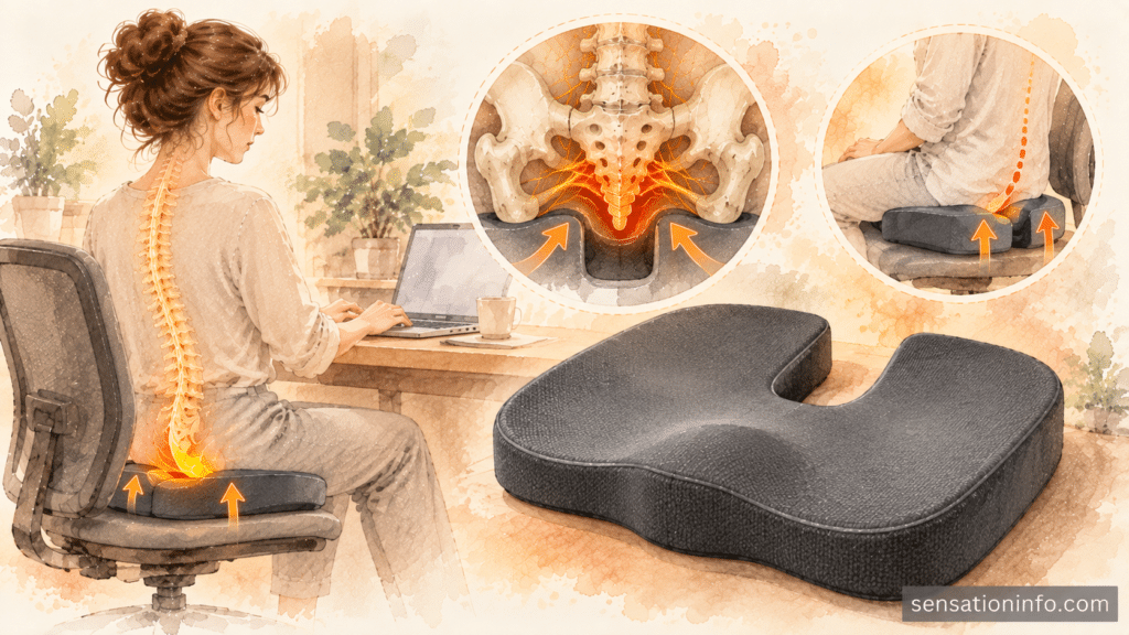 A U shaped coccyx cushion designed to relieve pressure and tingling in the tailbone.