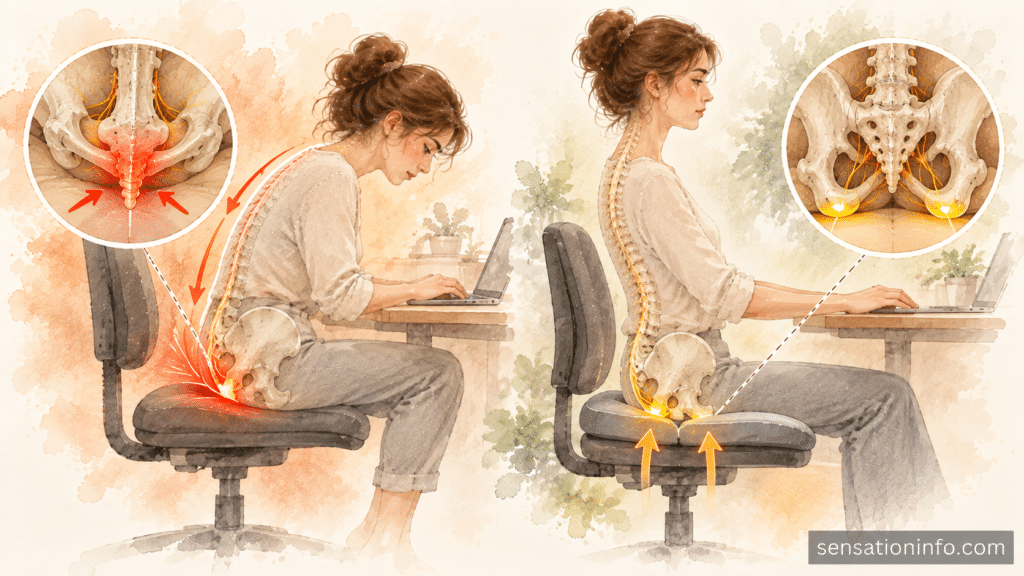 Comparison showing correct posture on sit bones versus incorrect posture compressing the tailbone.