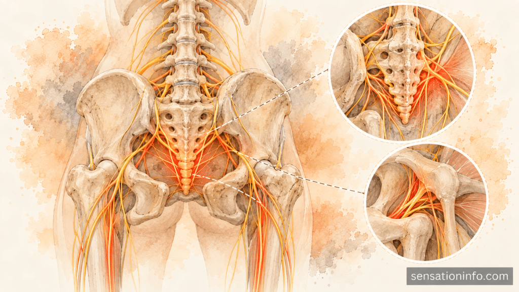 Anatomical illustration showing the nerves around the tailbone and lower spine.