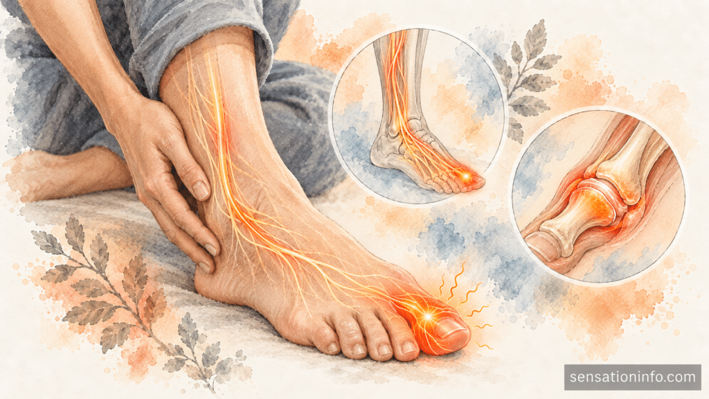 Illustration of the foot anatomy highlighting the nerves running to the big toe.