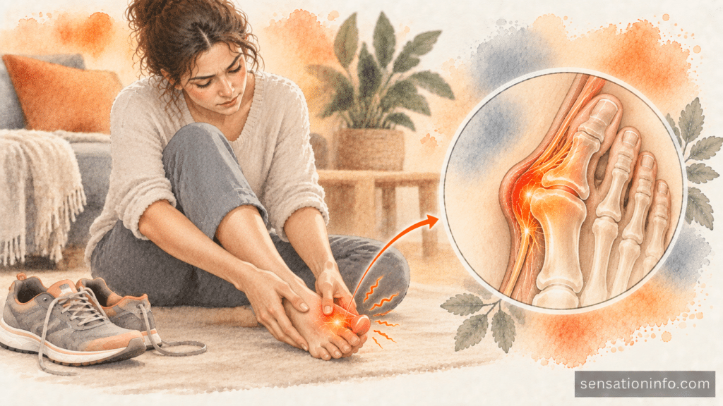 Person gently massaging the base of their big toe after removing tight shoes.