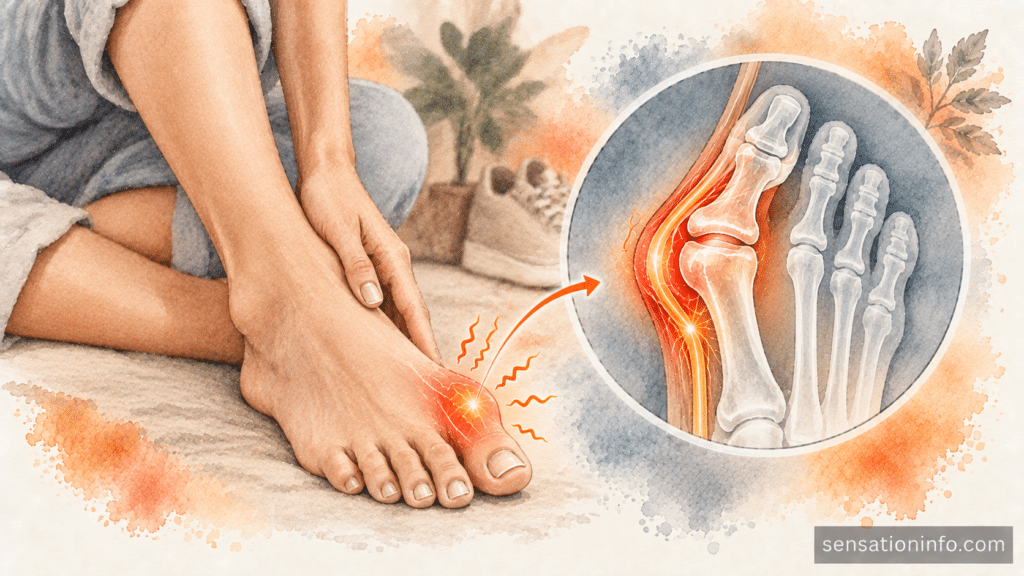 X ray style graphic showing how a bunion bends the big toe joint and pinches local nerves.