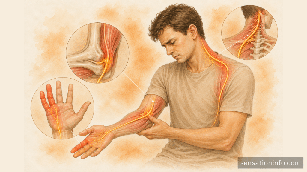 Ulnar nerve pathway from the neck through the elbow to the little and ring fingers.