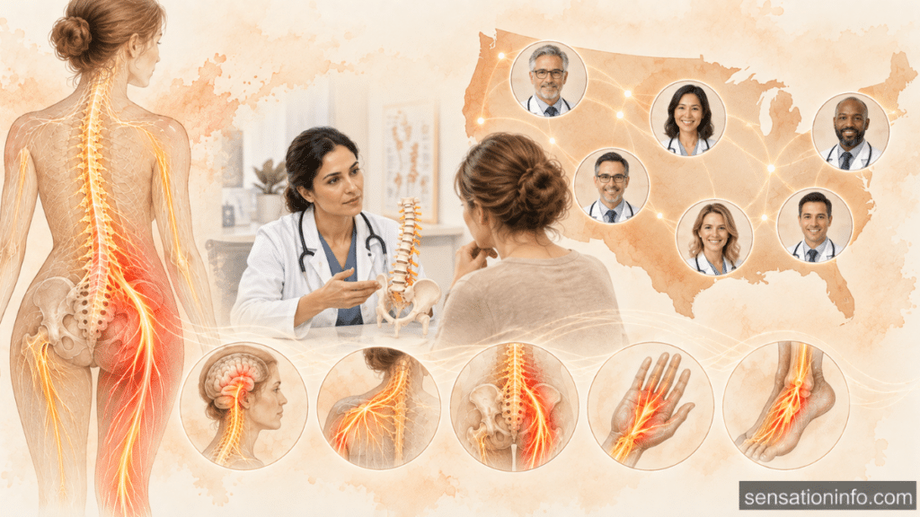 Medical illustration showing nerve pain specialists, a doctor consultation, U.S. specialist locations, and highlighted nerve pain pathways in the spine, neck, hand, and foot.