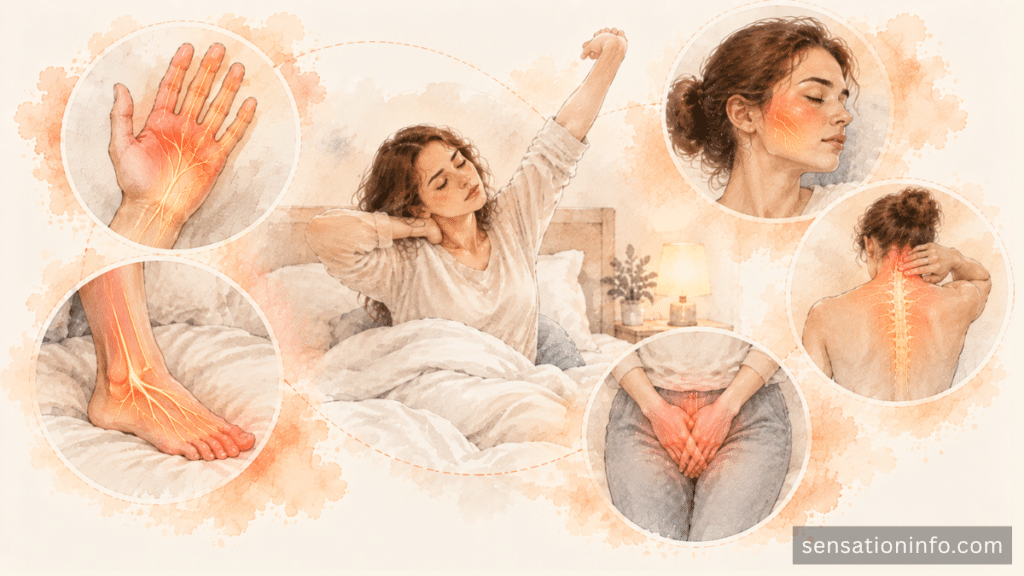 Waking pins and needles patterns in the hand, foot, face, and groin.