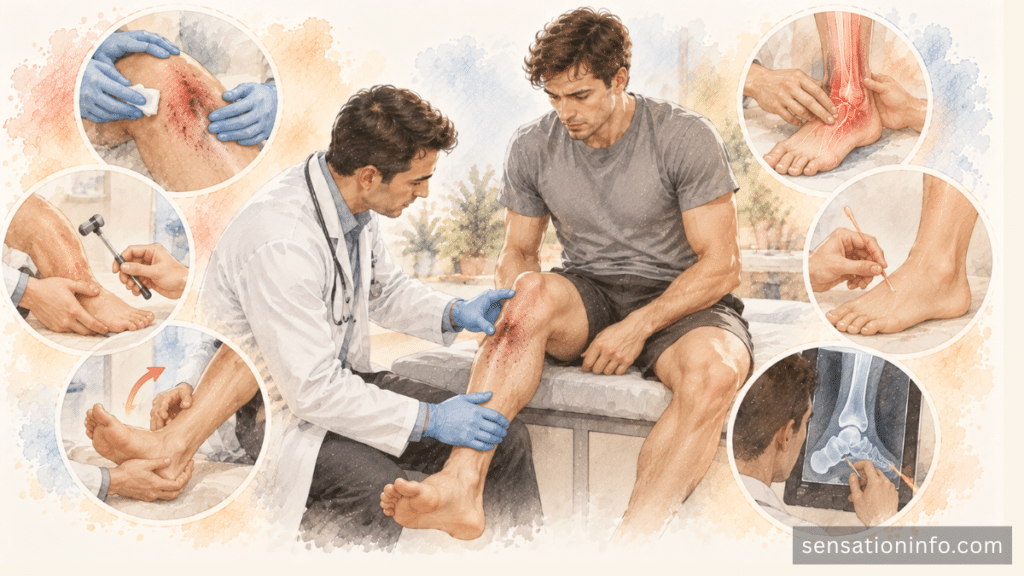 checking a wound, limb circulation, sensation, strength, swelling, and movement after injury.