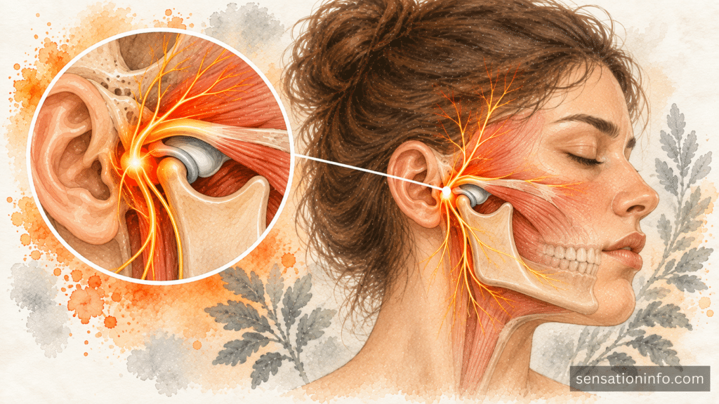 Diagram showing the auriculotemporal nerve running behind the temporomandibular joint and jawbone.
