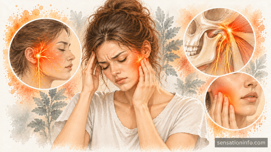 Person gently massaging the jaw and temple area to relieve TMJ pain and nerve tingling.
