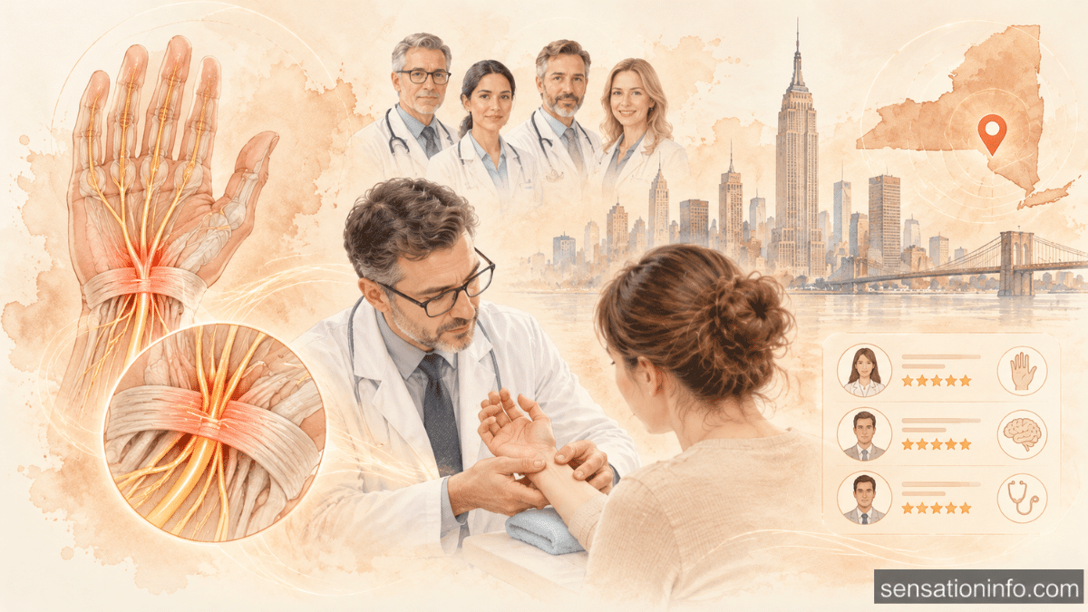 Medical illustration of carpal tunnel doctors in New York, featuring a wrist examination, highlighted median nerve compression, specialist portraits, New York City skyline, and location map in a warm beige watercolor style.