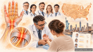 Verified hand surgeons examining a patient’s wrist, with highlighted carpal tunnel nerves and medical verification symbols.