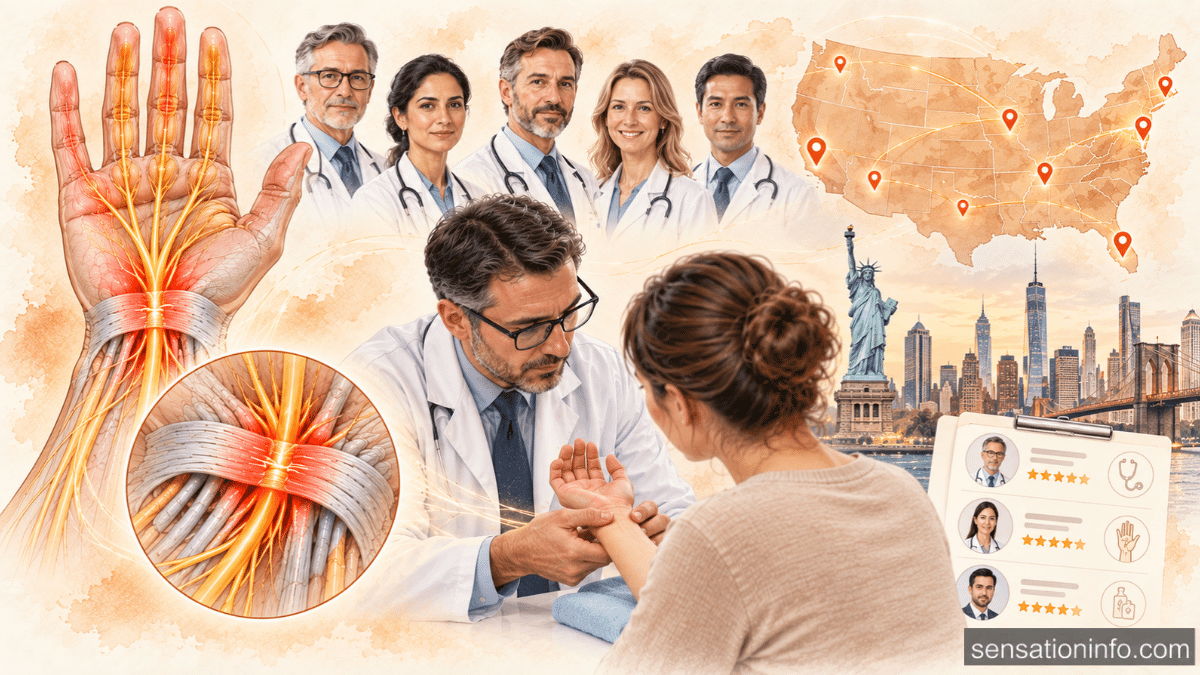 Verified hand surgeons examining a patient’s wrist, with highlighted carpal tunnel nerves and medical verification symbols.