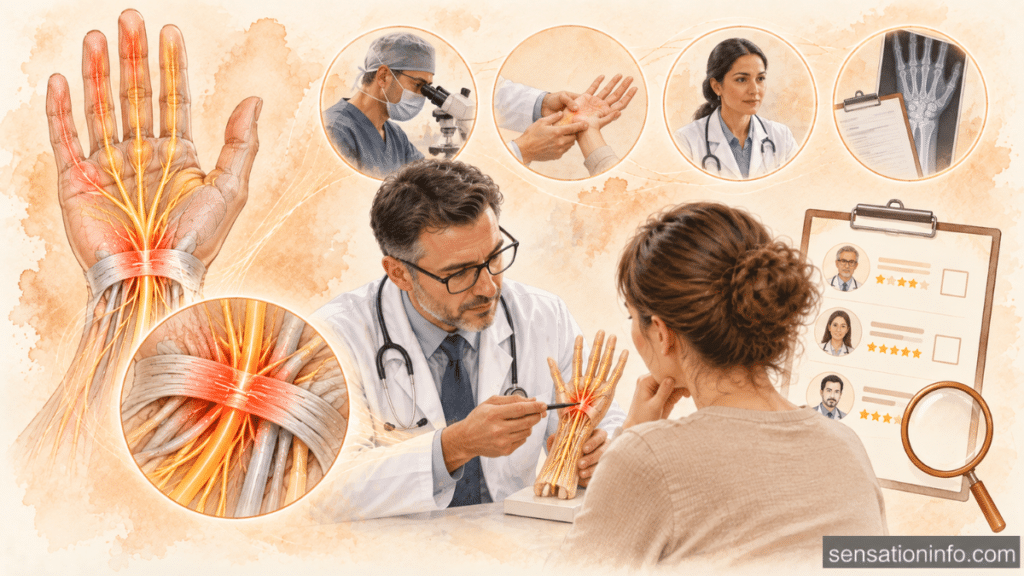 Medical illustration showing how to choose the right carpal tunnel doctor, featuring a patient consultation, highlighted median nerve compression, wrist anatomy, diagnostic examination, and specialist comparison checklist.