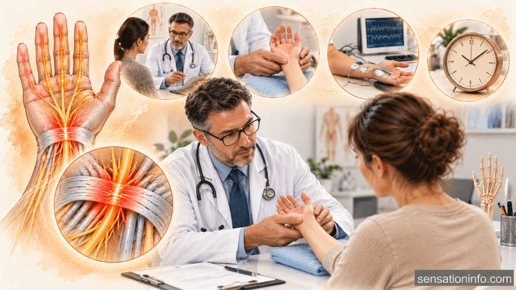 Doctor examining a patient’s wrist during a carpal tunnel consultation, with nerve anatomy, diagnostic testing, and appointment duration illustrations.